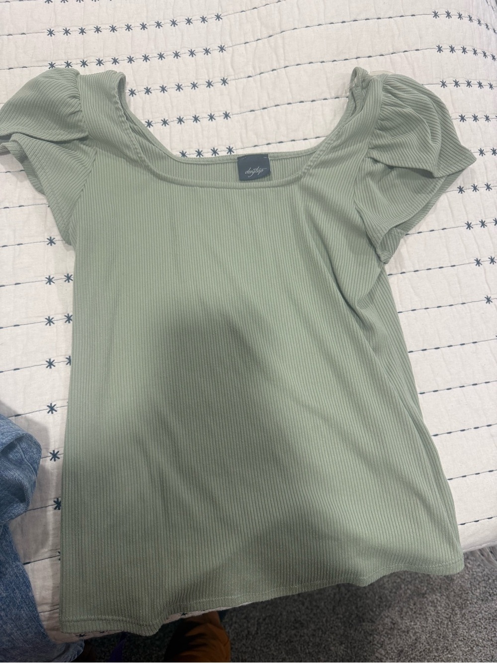Daytrip Light Sage Ribbed Puff Sleeve Square Neck Top